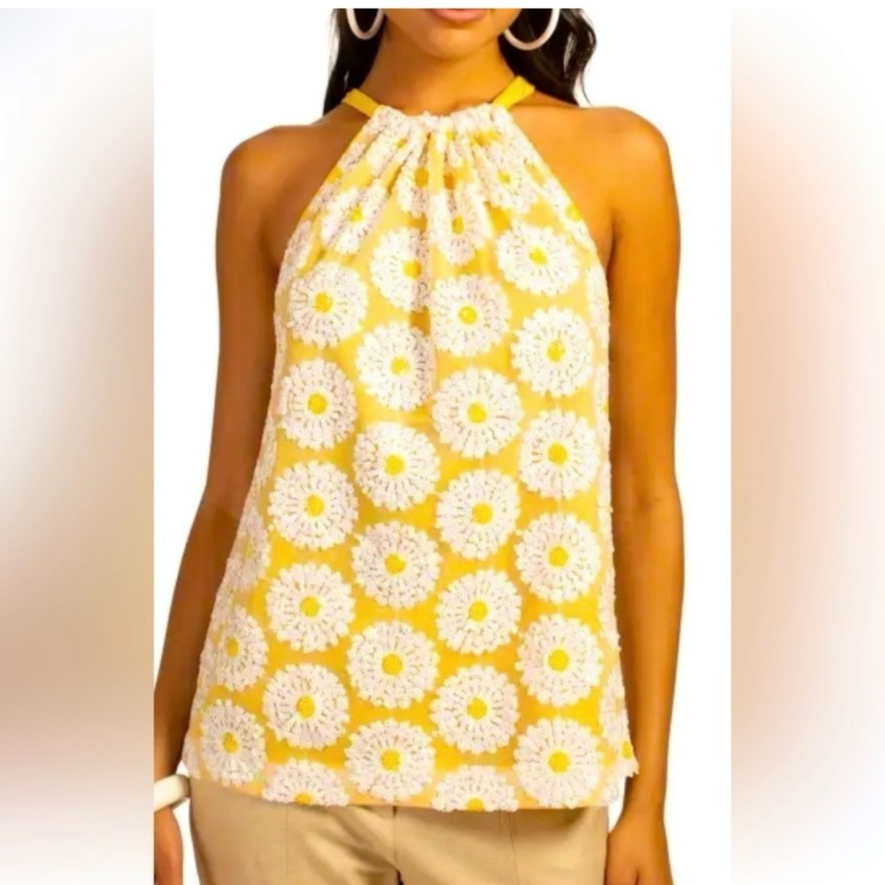 NEW WITH TAGS TRINA TURK Rancho Sequin Yellow DAISY Flower Tie-Back Halter Top